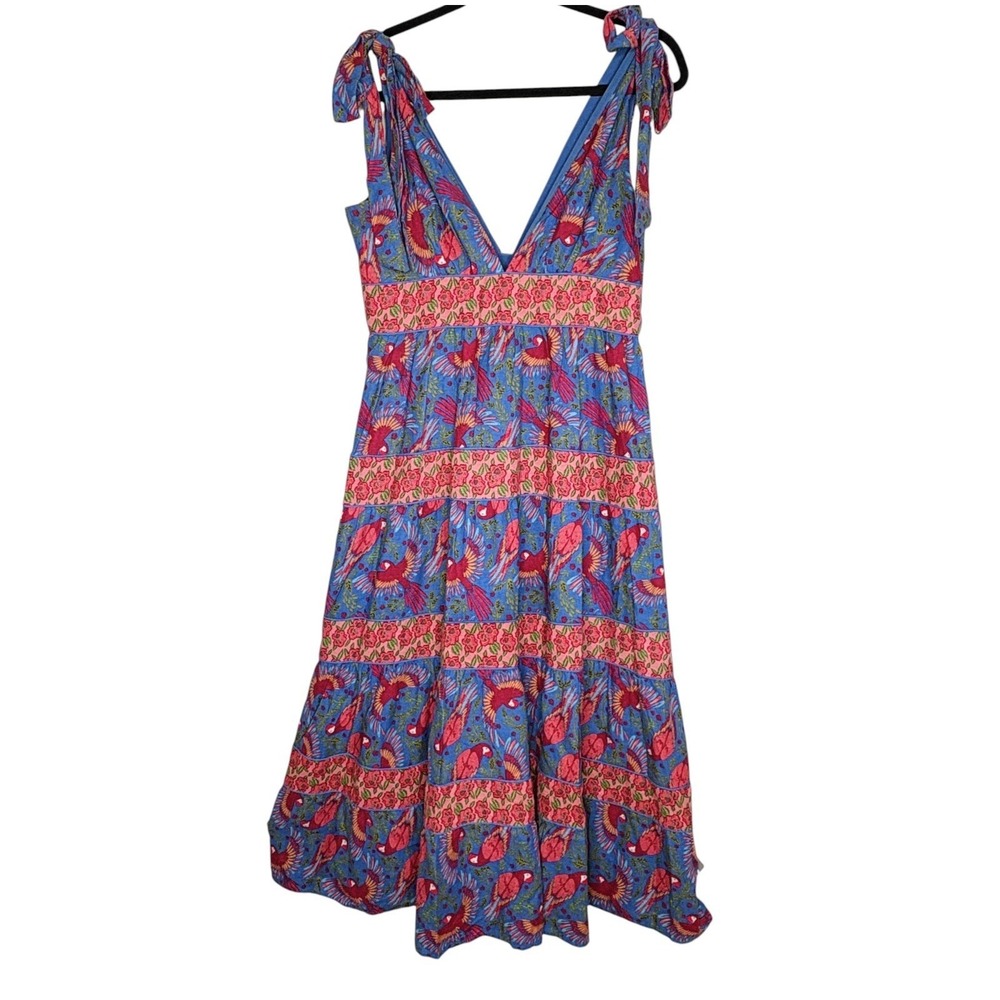 House Of Harlow Boho Linen Blend Tropical Parrot Dress M Midi Tier Ruffle Resort